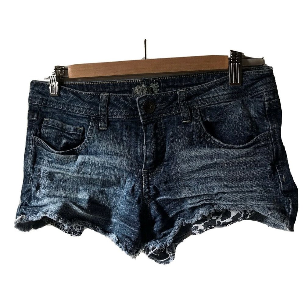SDF denim cut off denim bootie shorts shortie animal print 7.5" rise teen size M